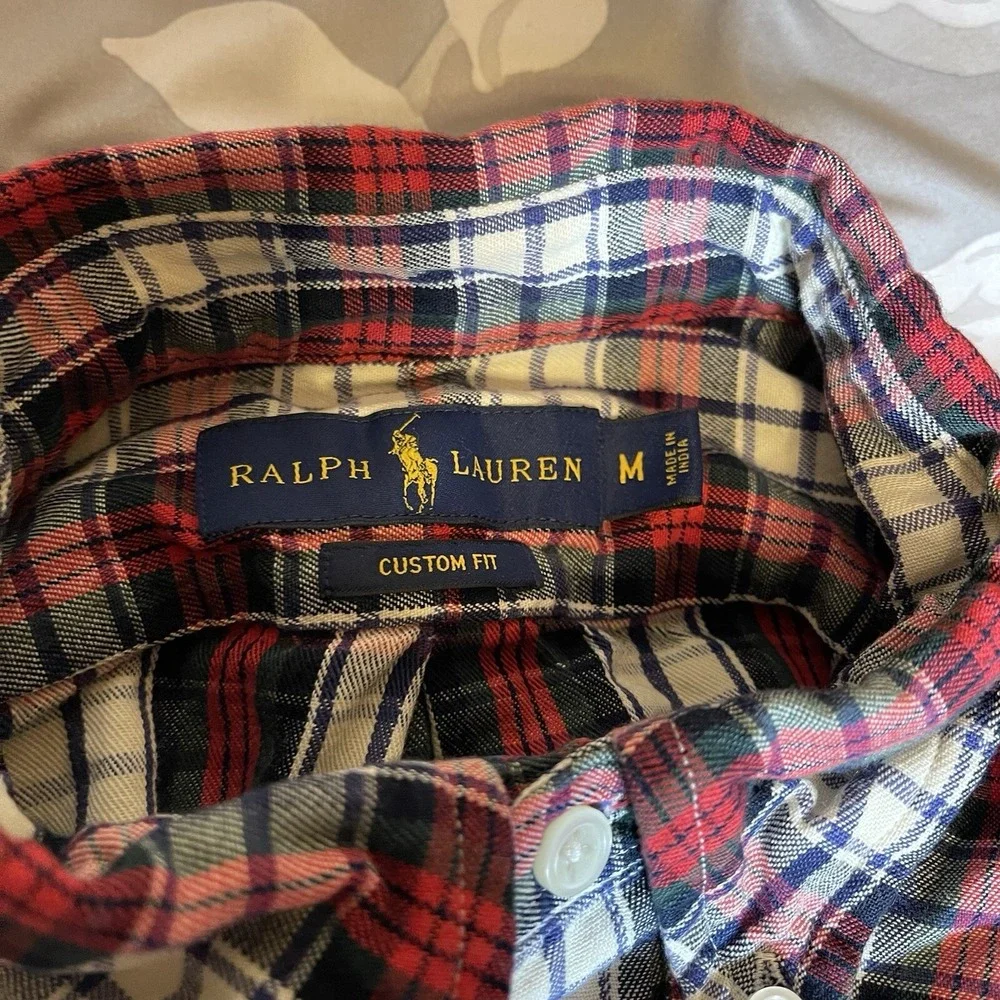 Ralph Lauren Mens Custom Fit‎ Plaid Button Down Shirt Red Navy White Medium